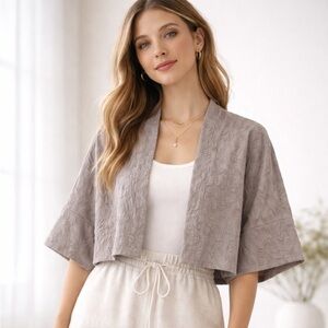 Bryn Walker Light Grey Textured Cropped Open Front Cardigan Jacket